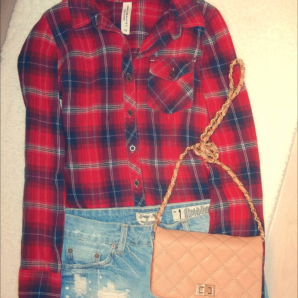 Red and Navy Plaid Button Down Shirt Size XS